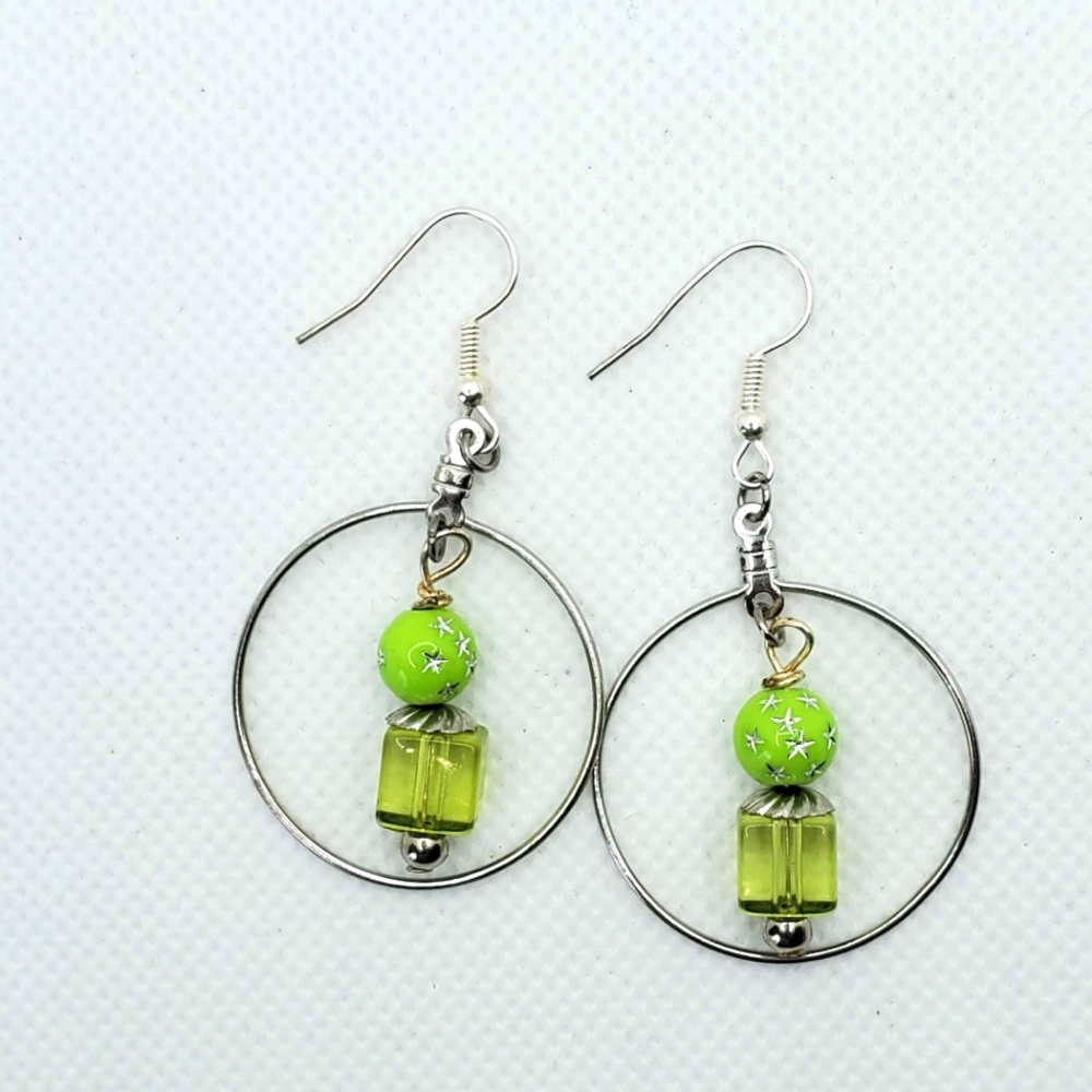 Green Hoop Earrings - Silver
